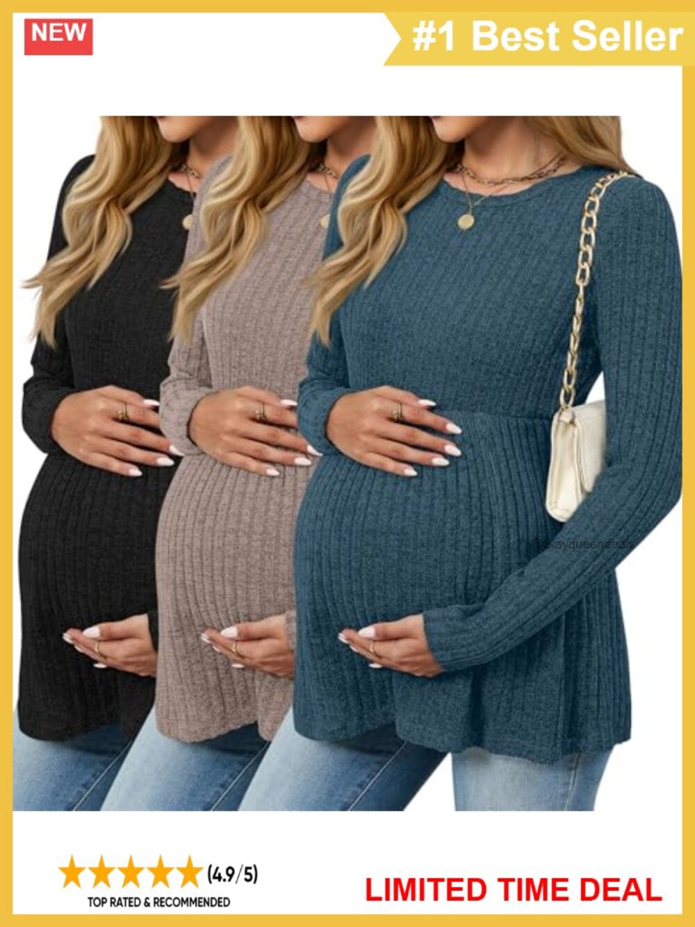 3 Pack Maternity Sweaters Long Sleeve Ribbed Shirts Tunic